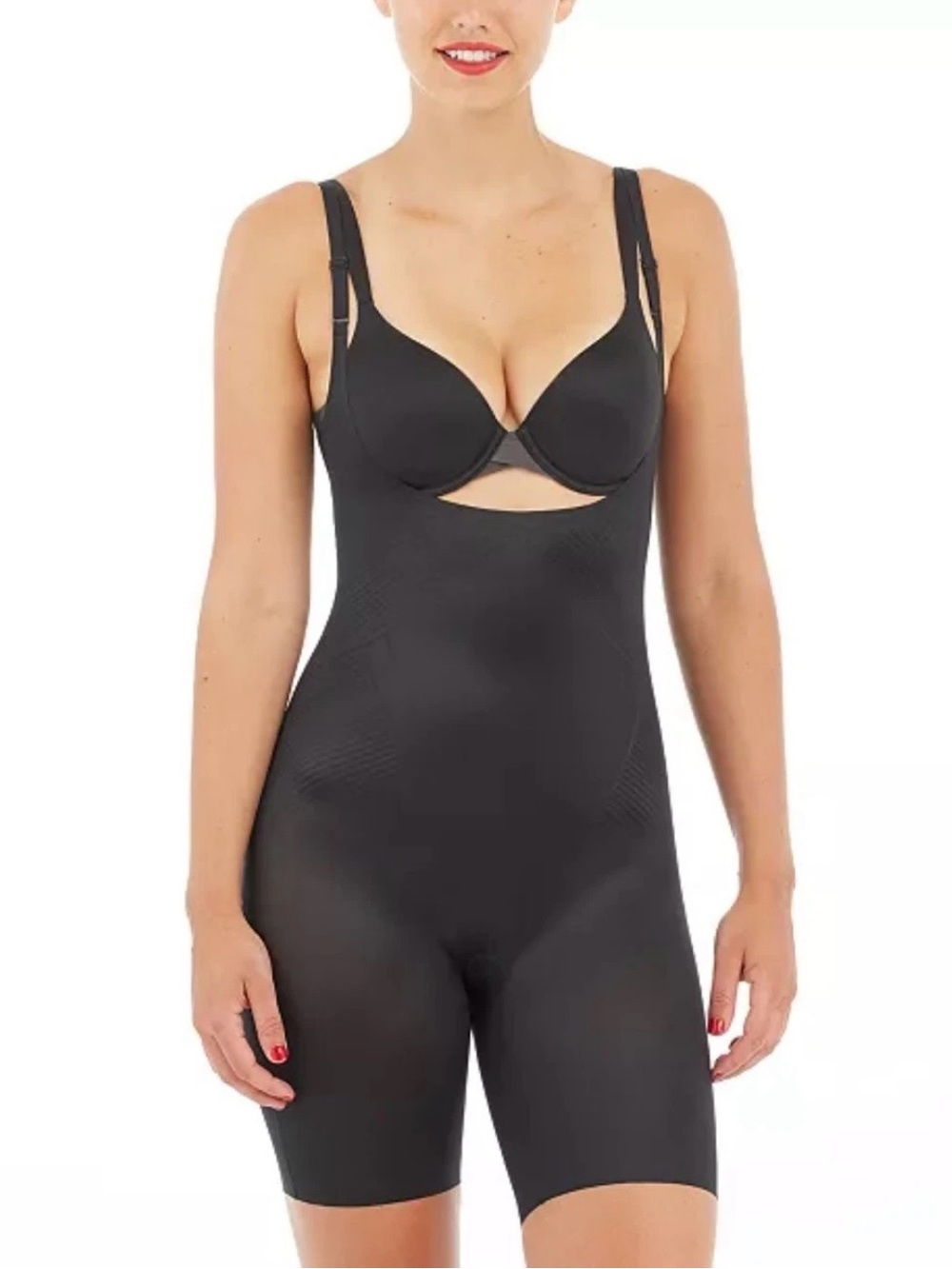 SPANX Thinstincts 2.0 Open Bust Mid-Thigh Bodysuit Very Black Large invisible